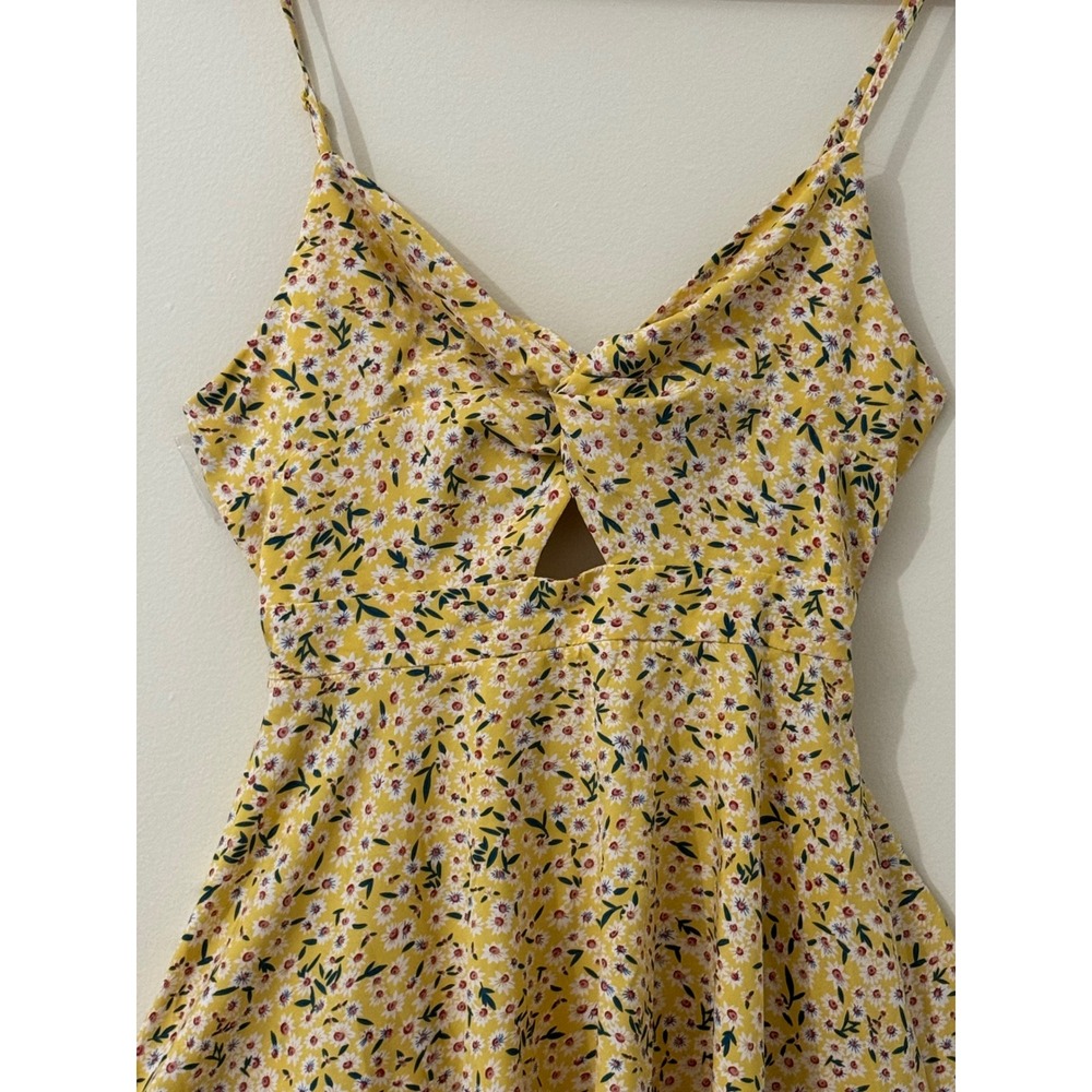 Yellow Ditsy Floral Fit & Flare Mini Dress Cutout Tie Back M Cottagecore Summer - Picture 4 of 10